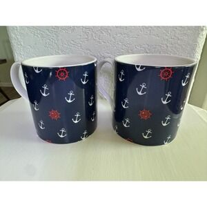 Jonathan Adler Coffee Mug Cup Set of 2 Natical Ship Anchor‎ Theme